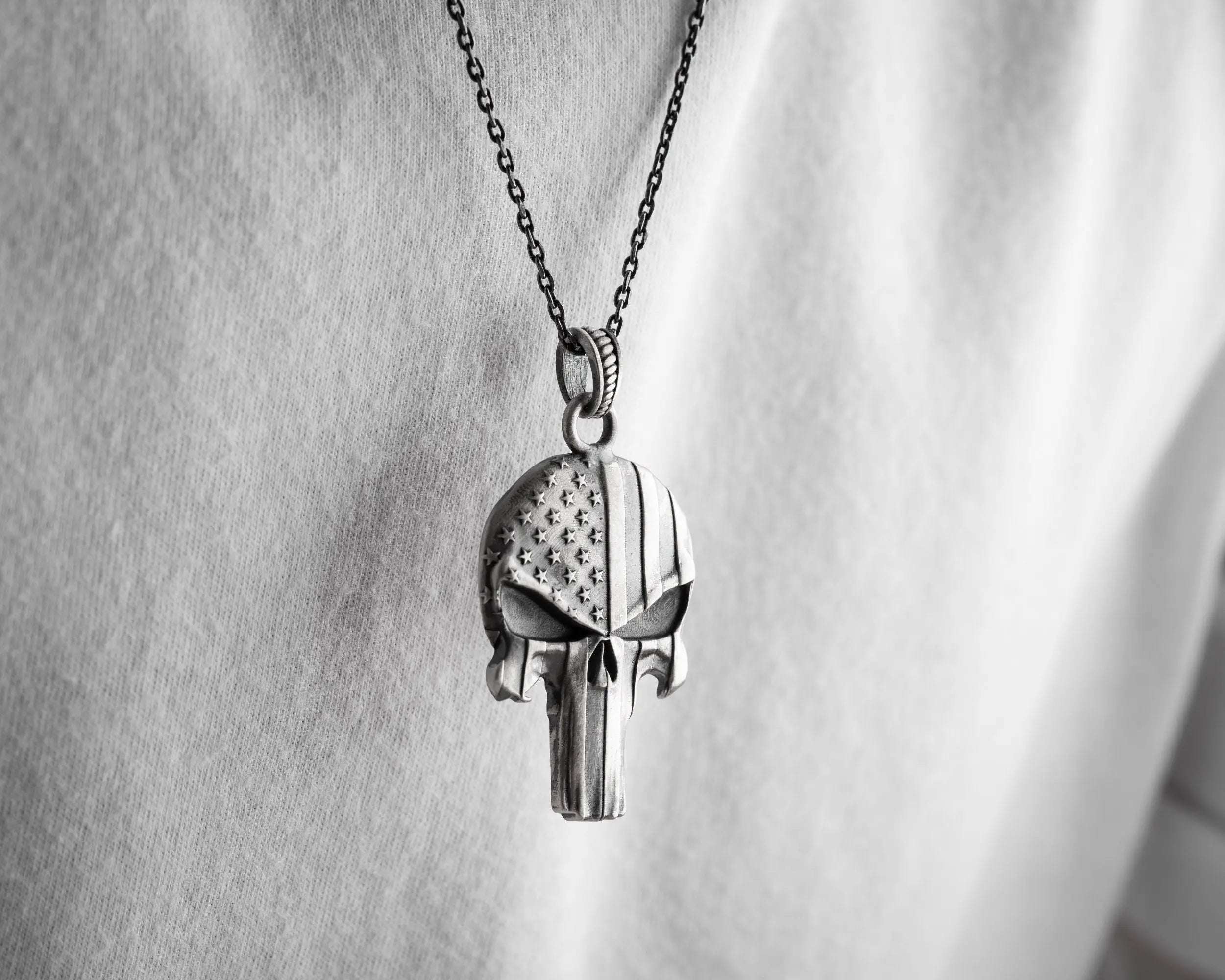 Sterling Silver USA Flag Skull Pendant - Handmade Gothic Necklace   Charmora Jewelry