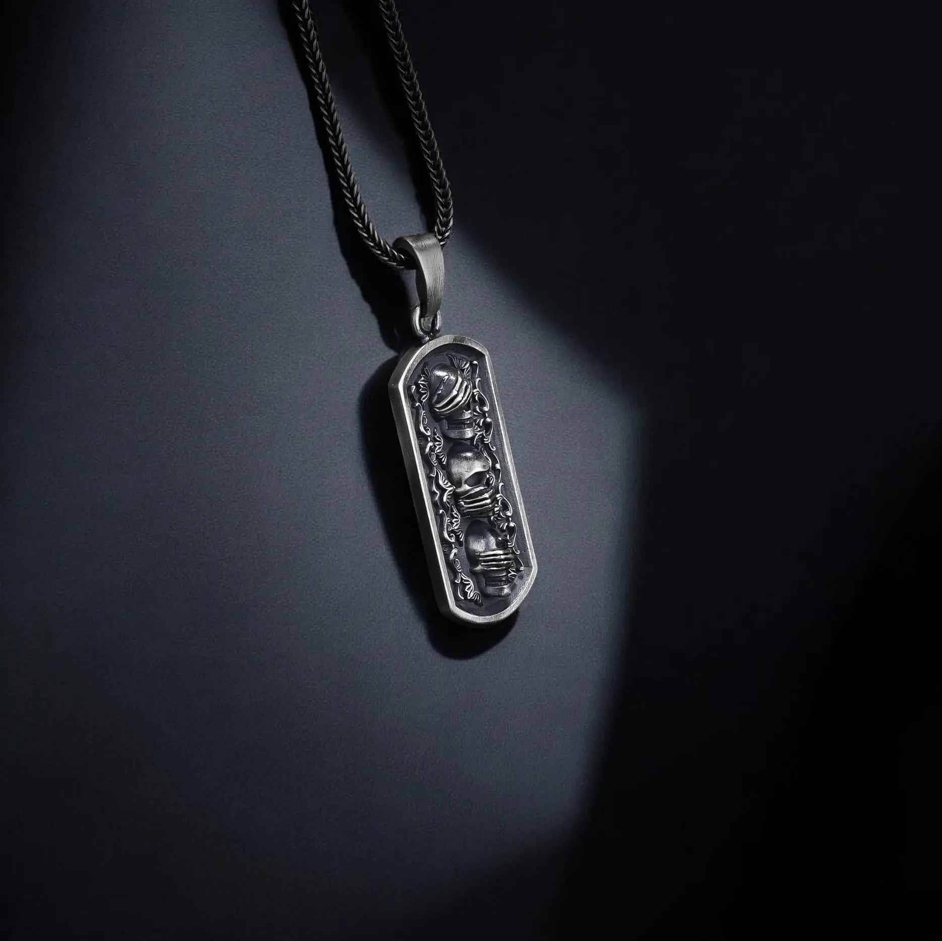 Sterling Silver Three Wise Skulls Necklace: Gothic Pendant Jewelry