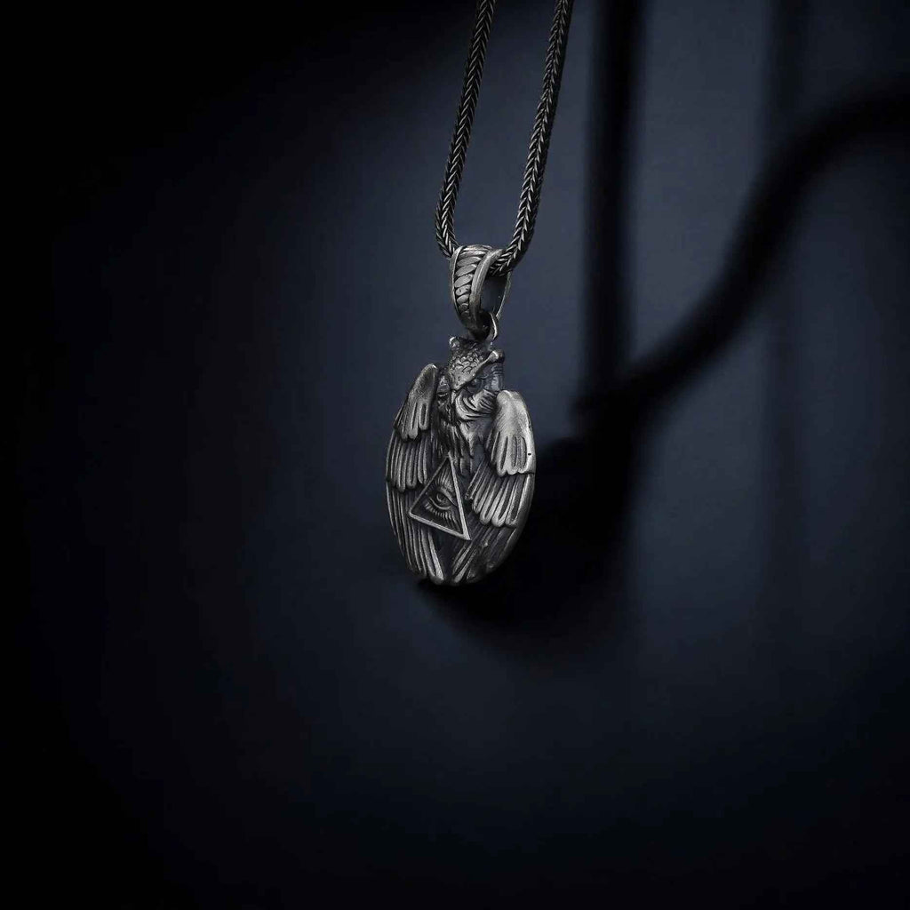 Sterling Silver Owl Pendant Necklace: All-Seeing Eye Illuminati Symbol