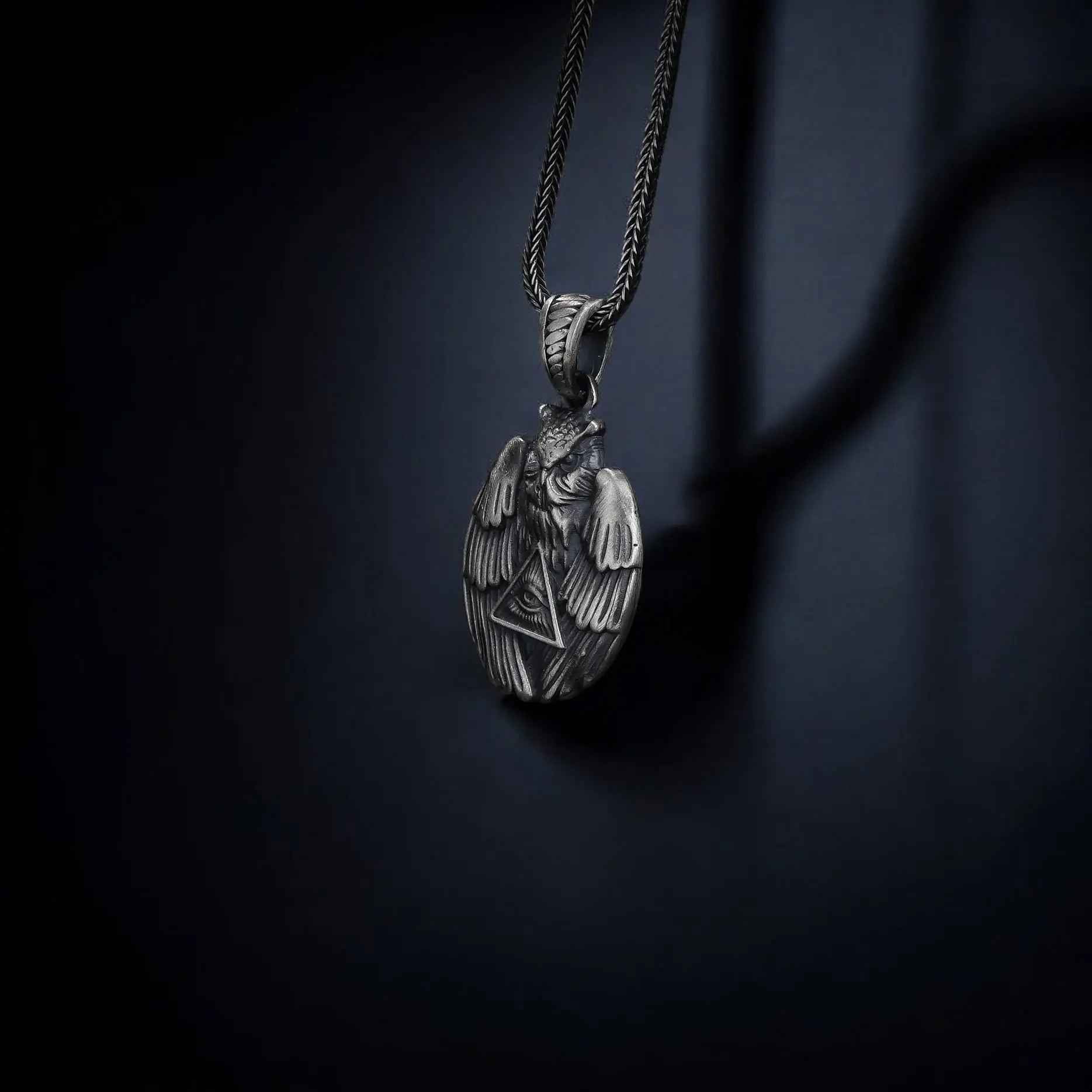 Sterling Silver Owl Pendant Necklace: All-Seeing Eye Illuminati Symbol