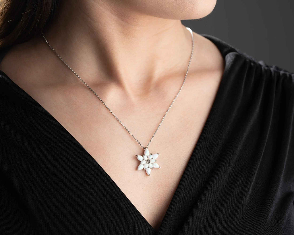 Opal Lotus Flower Necklace: Sterling Silver, Handmade Jewelry