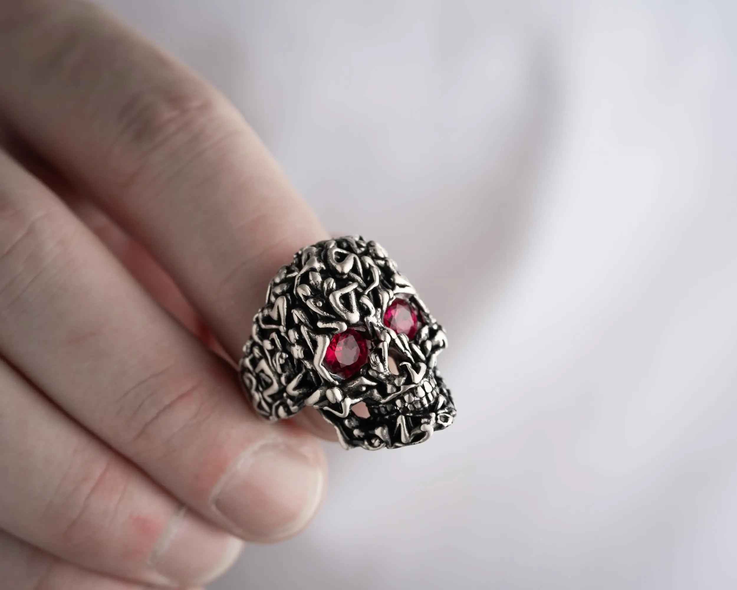 Sterling Silver Skull Ring: Gothic Red Zircon Stone Jewelry