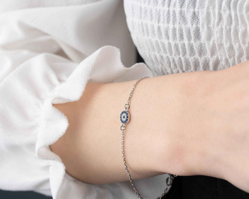 Sterling Silver Blue Evil Eye Bracelet, Spiritual Protection Jewelry