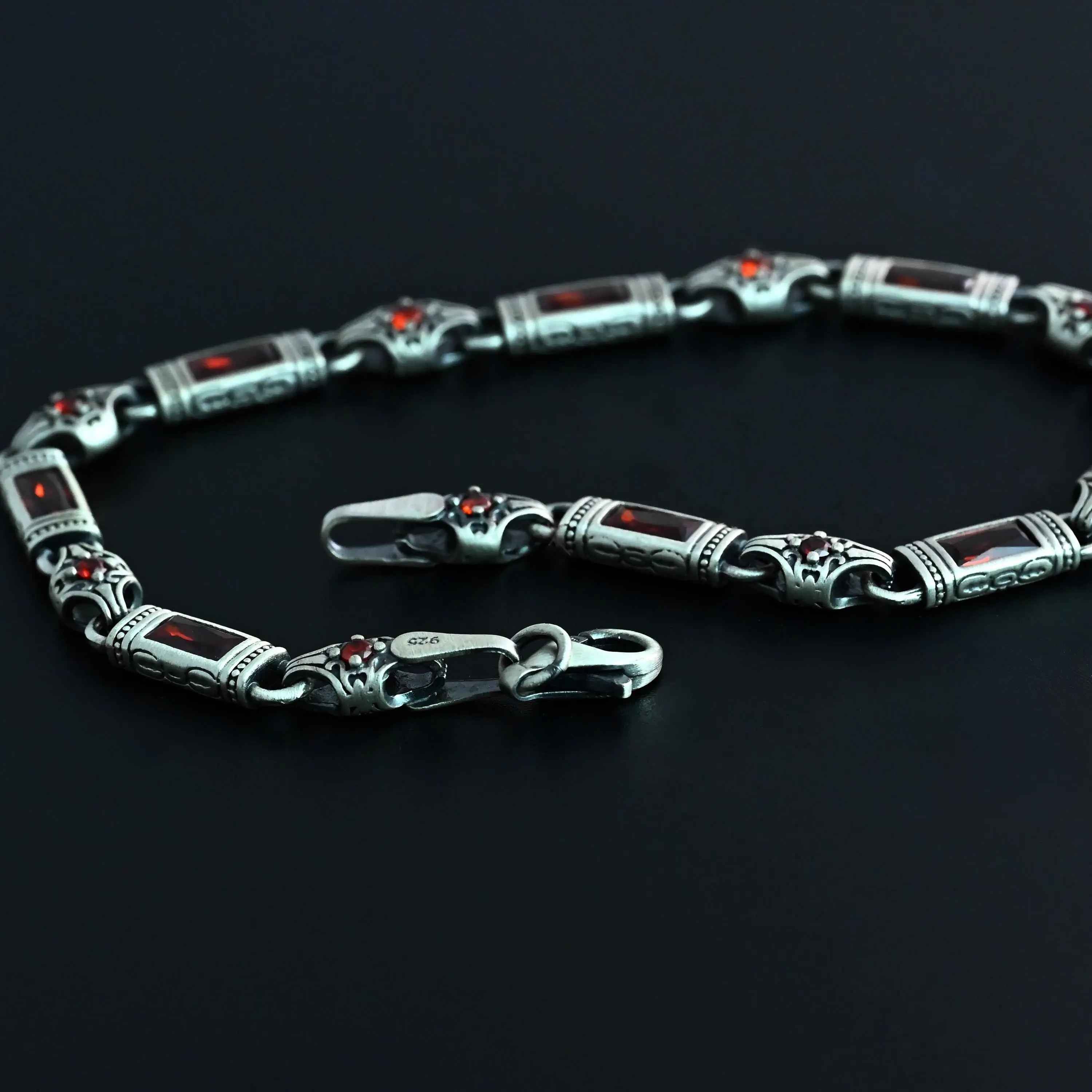 Sterling Silver Men’s Bracelet with Garnet Baguette Stones – Gift for Him
