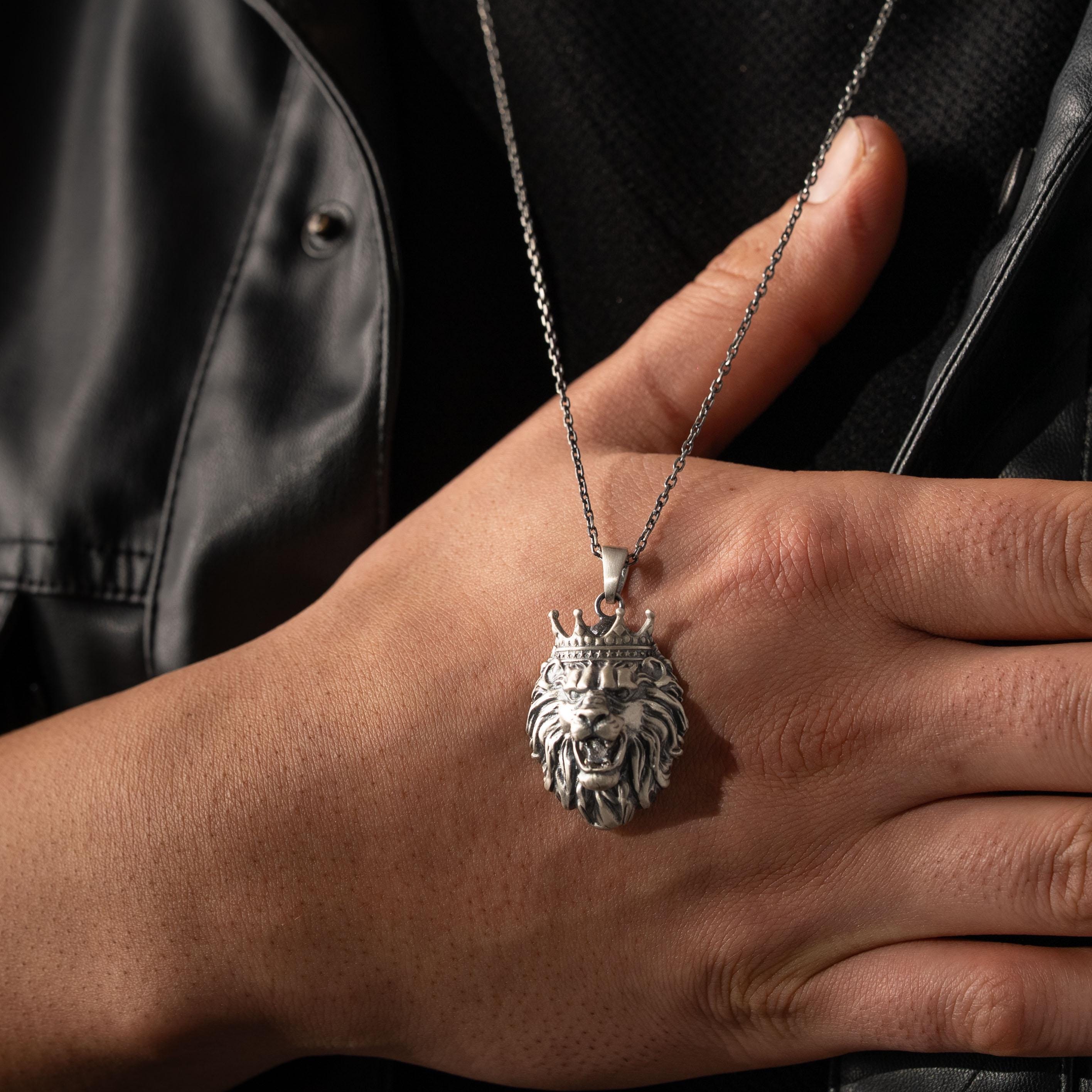Crowned Roaring Lion Motif Necklace  Ring  Charmora Jewelry