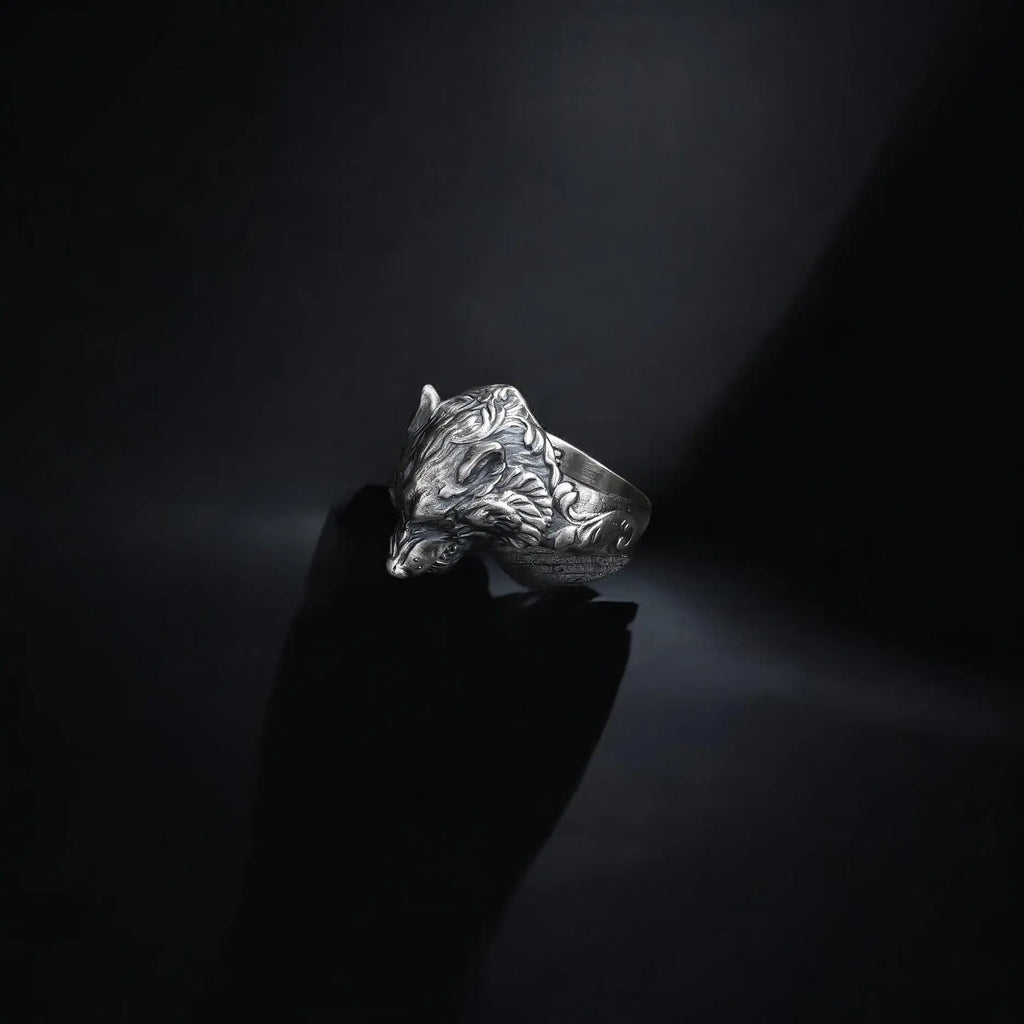 Sterling Silver Wolf Head Ring: Handcrafted Animal Jewelry   Charmora Jewelry