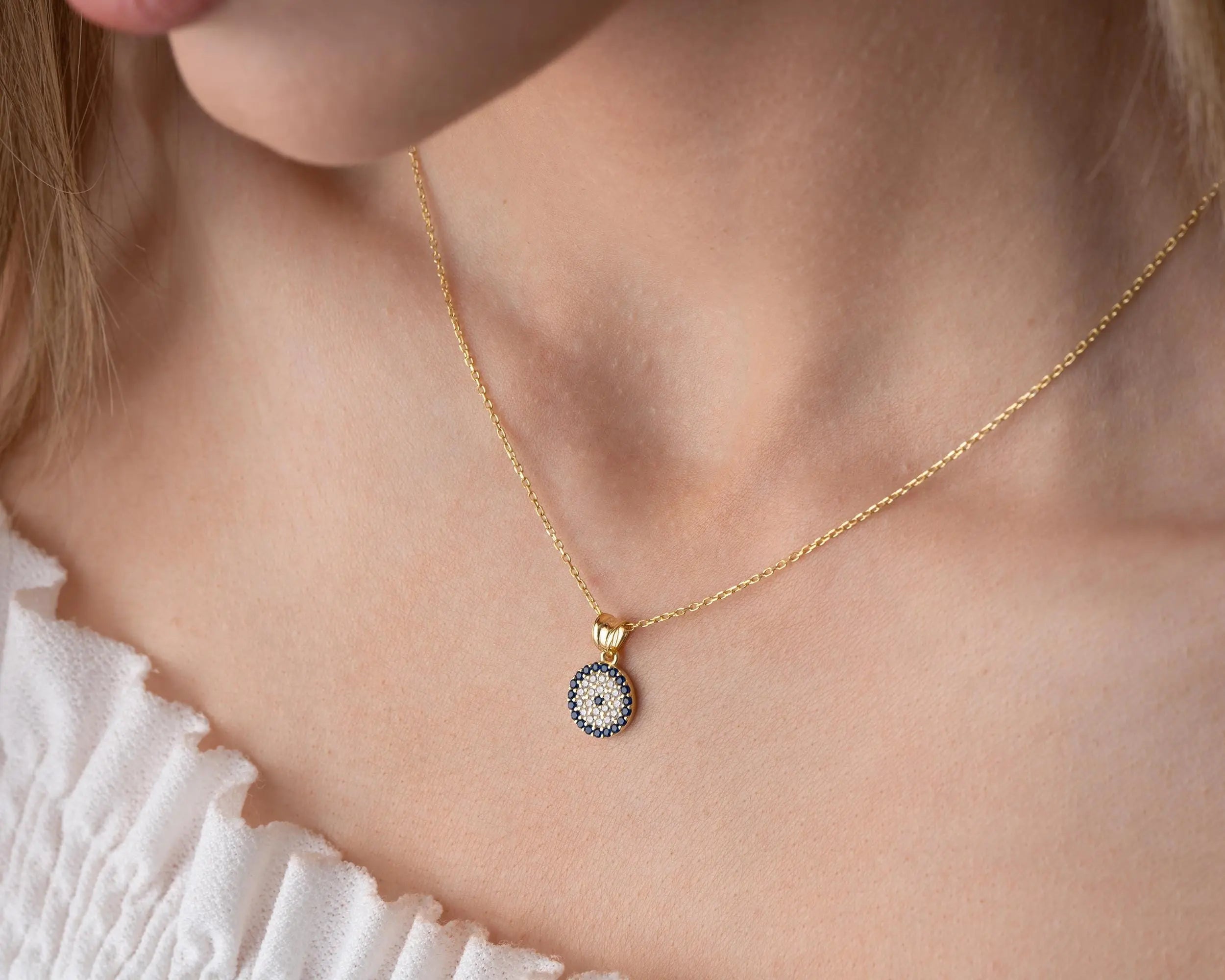 Collier en argent sterling avec œil grec bleu : Breloque de protection dorée