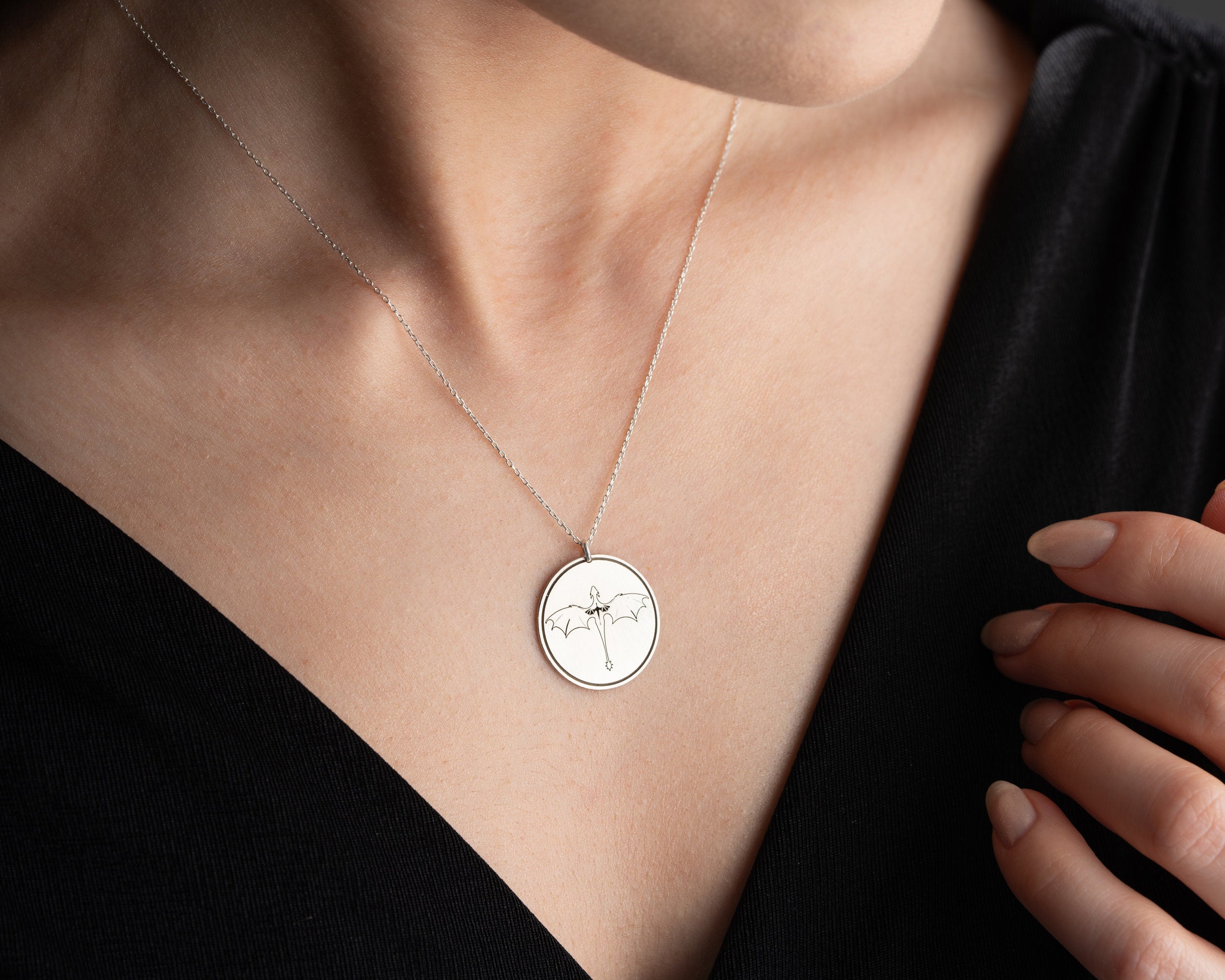 Sterling Silver Dragon Coin Necklace: Night Court Pendant, Rose Gold Finish