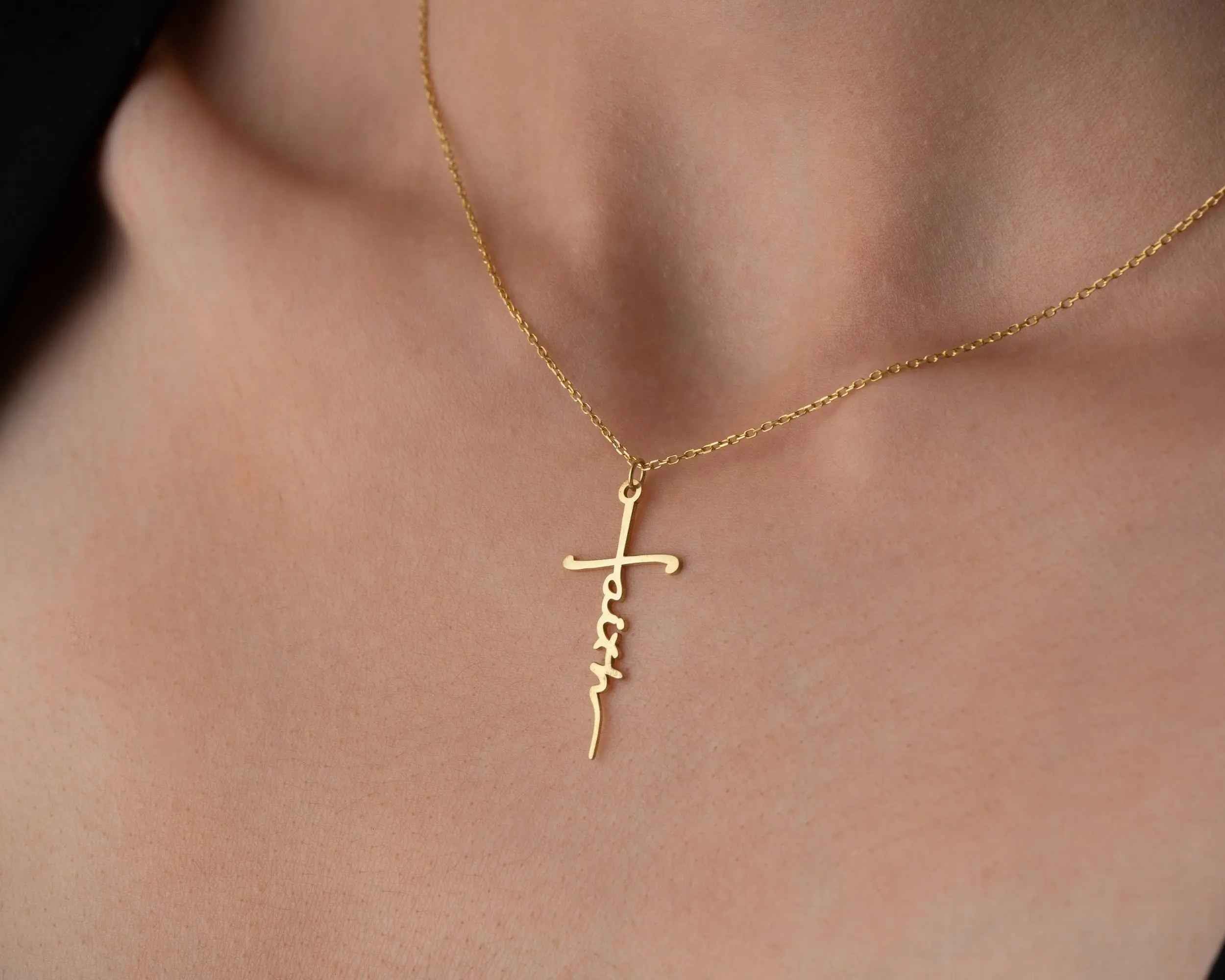 Solid Gold Cross Necklace, Religious Faith Pendant