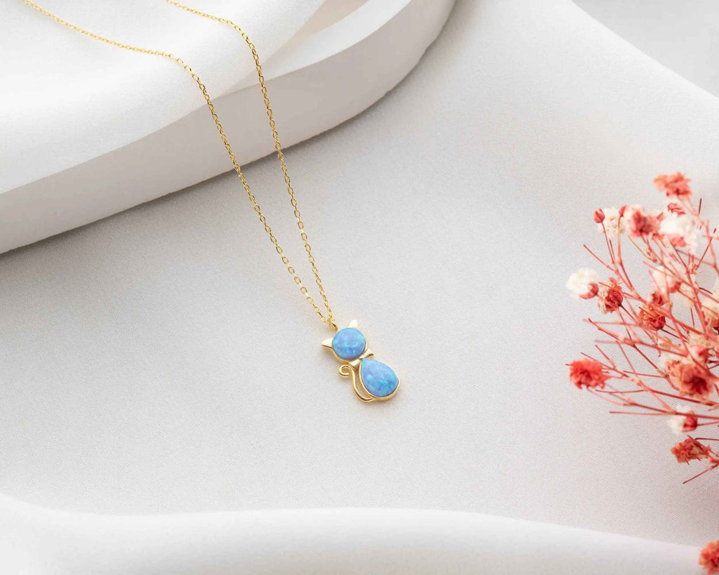 Sterling Silver Cat Necklace: Opal Stone, Rose Gold Finish