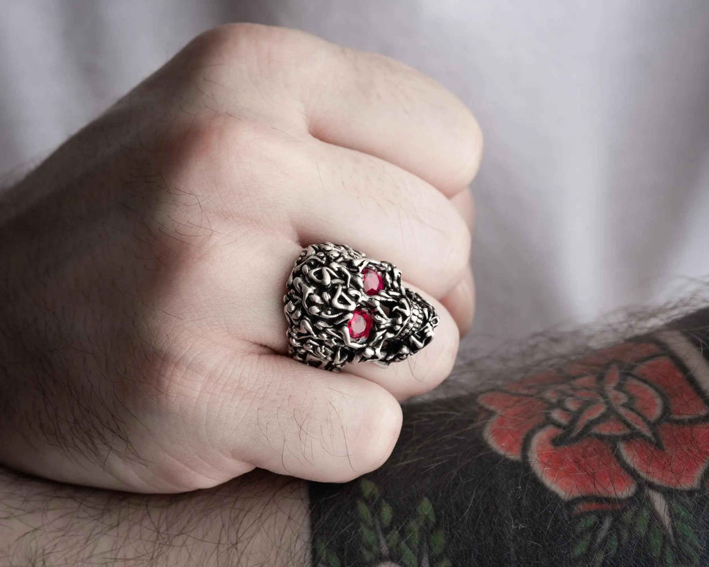 Sterling Silver Skull Ring: Gothic Red Zircon Stone Jewelry