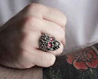 Sterling Silver Skull Ring: Gothic Red Zircon Stone Jewelry