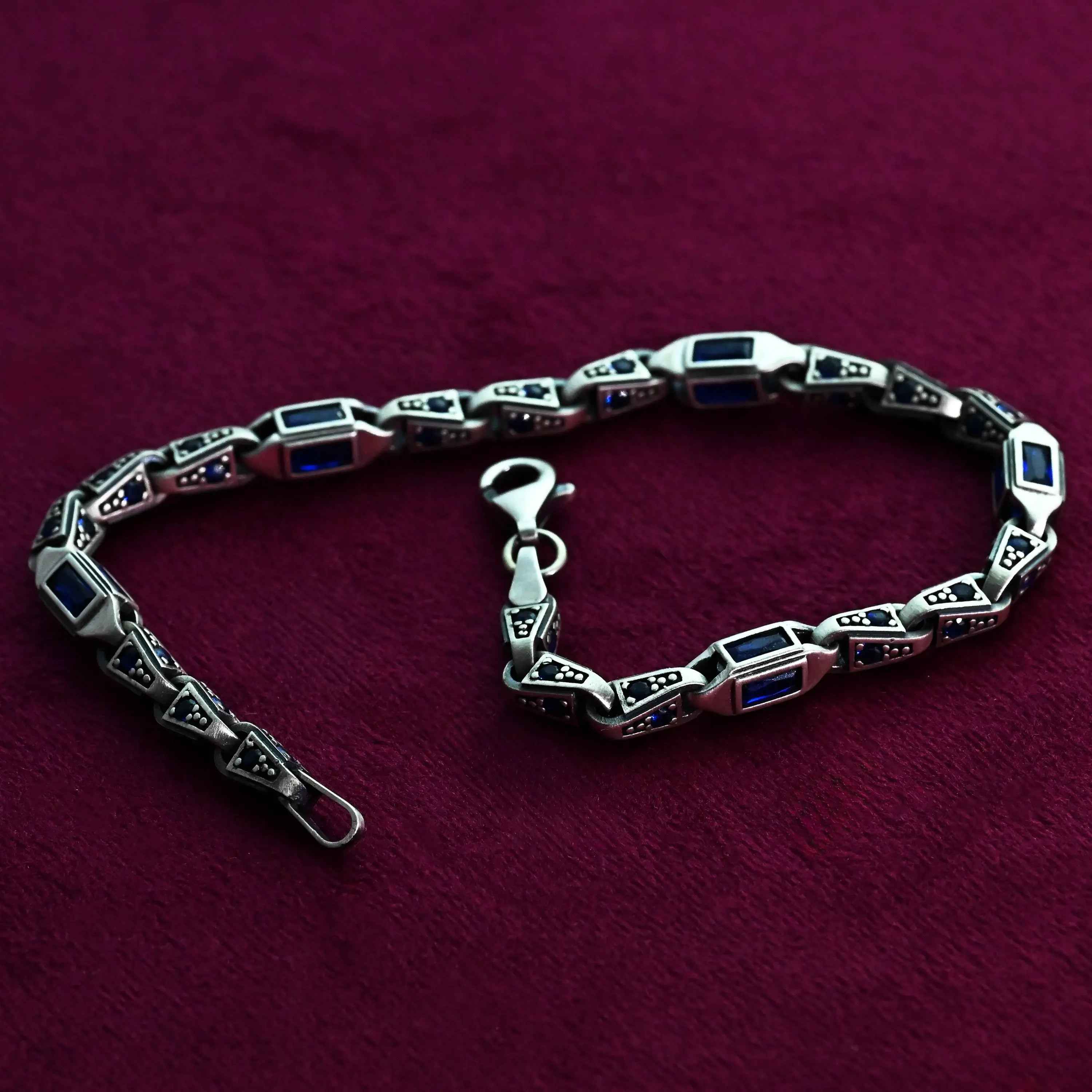 925 Sterling Silver Blue Baguette Bracelet for Men, Modern Men’s Jewelry Gift