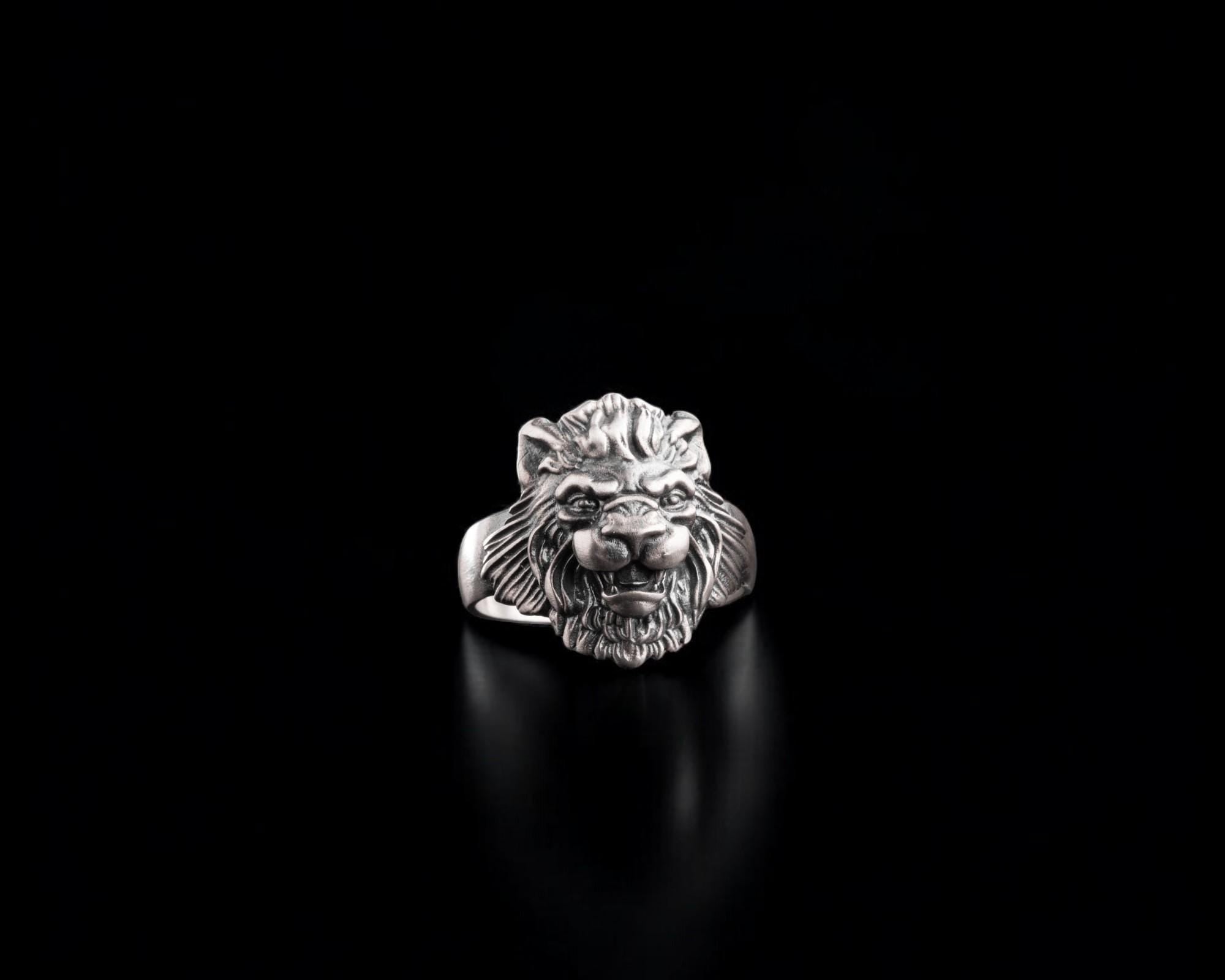 Sterling Silver Lion Head Ring - Handmade Mens Jewelry