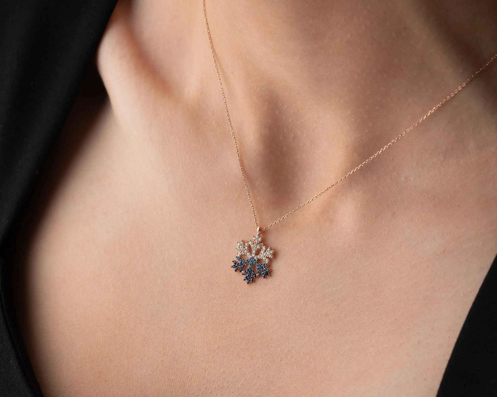 Sterling Silver Snowflake Necklace, Rose Gold Finish, Christmas Jewelry