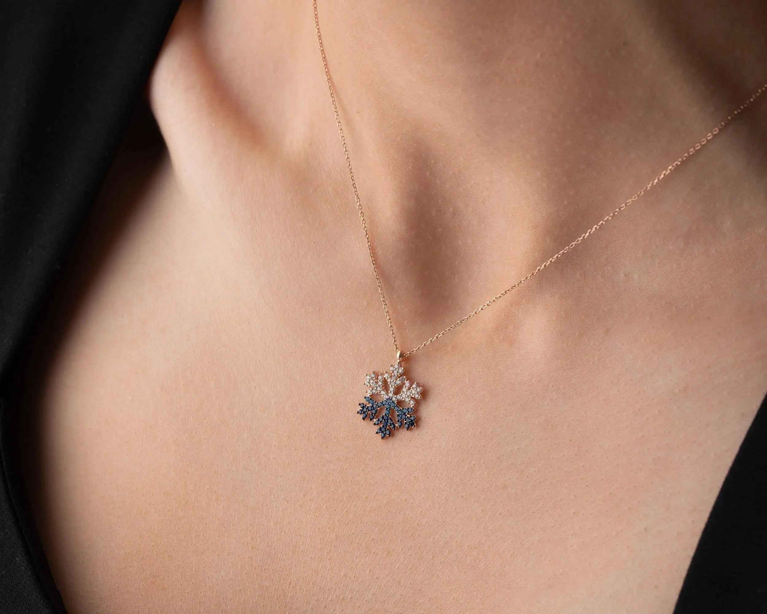 Sterling Silver Snowflake Necklace, Rose Gold Finish, Christmas Jewelry