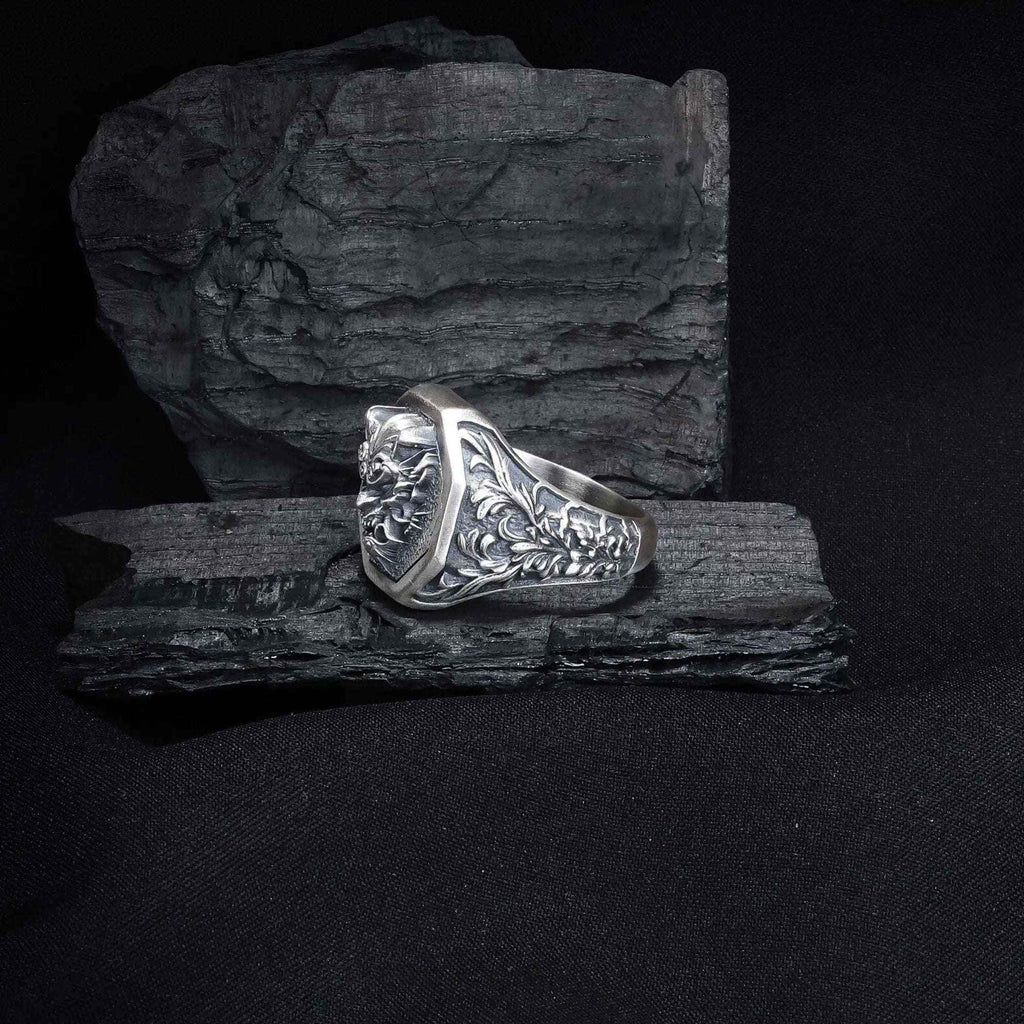 Sterling Silver Oni Mask Ring: Japanese Samurai Biker Jewelry