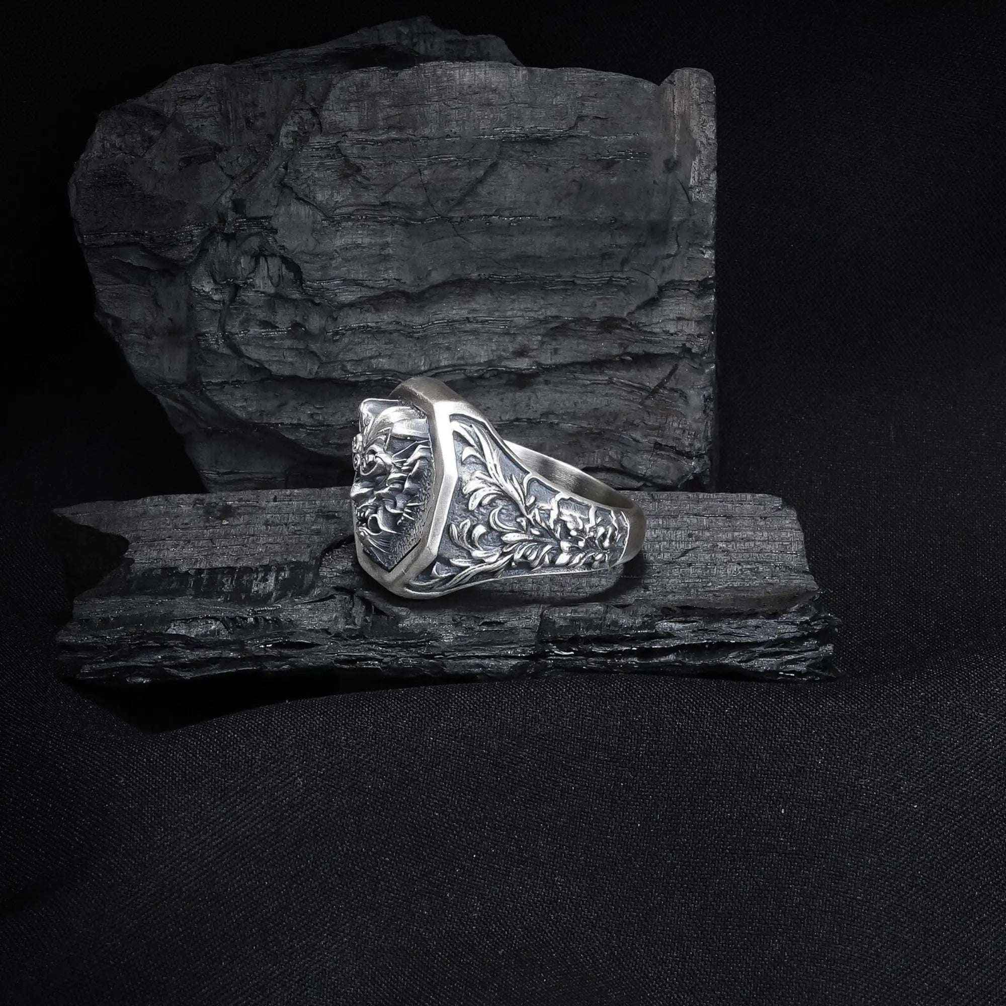 Sterling Silver Oni Mask Ring: Japanese Samurai Biker Jewelry