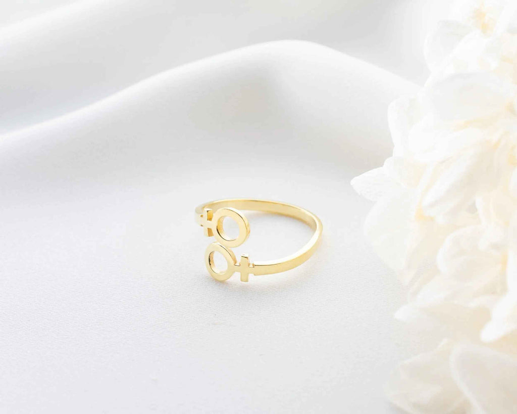 Solid Gold Double Venus Ring: Lesbian Pride Jewelry