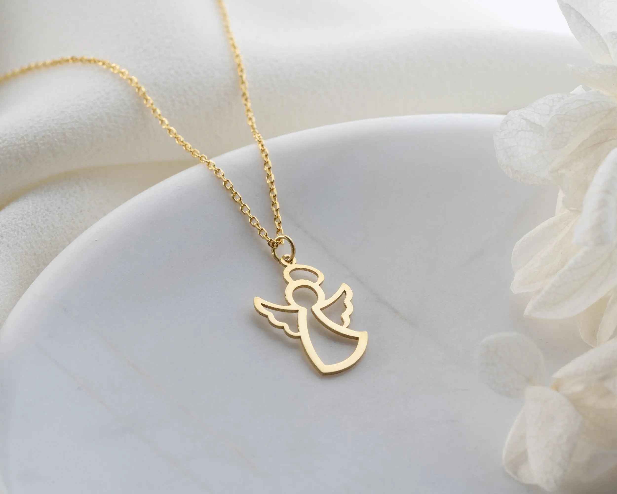 Solid Gold Angel Wing Necklace: 10K-18K Gold Pendant