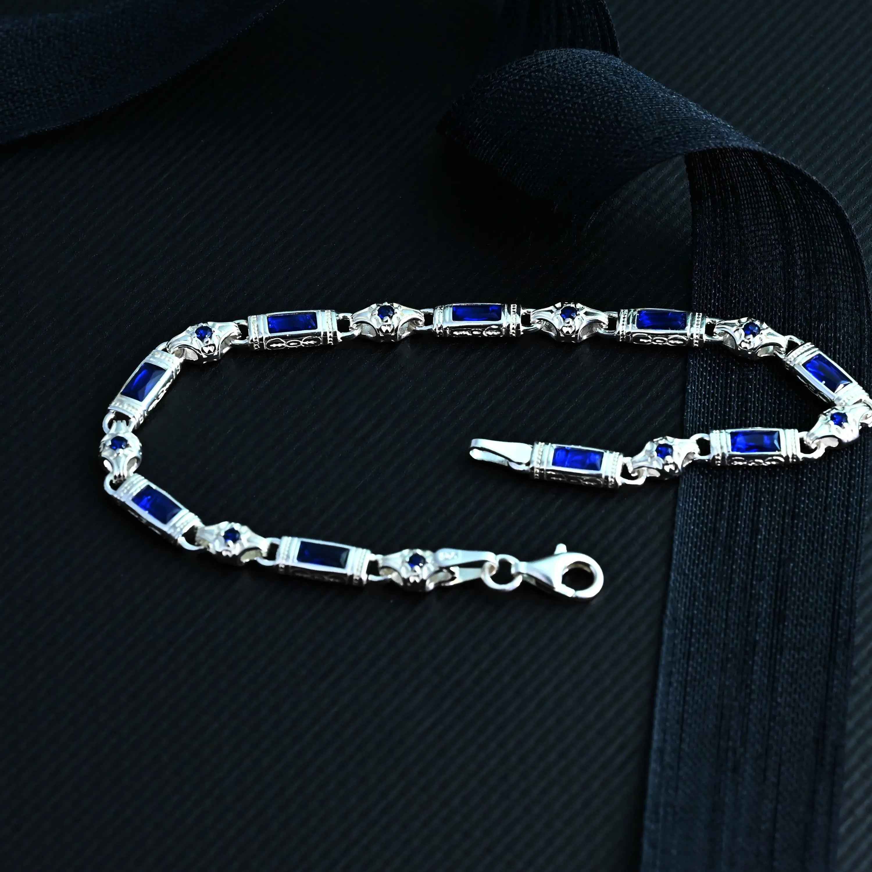 Sterling Silver Men’s Bracelet with Sapphire Baguette Stones – Gift for Him