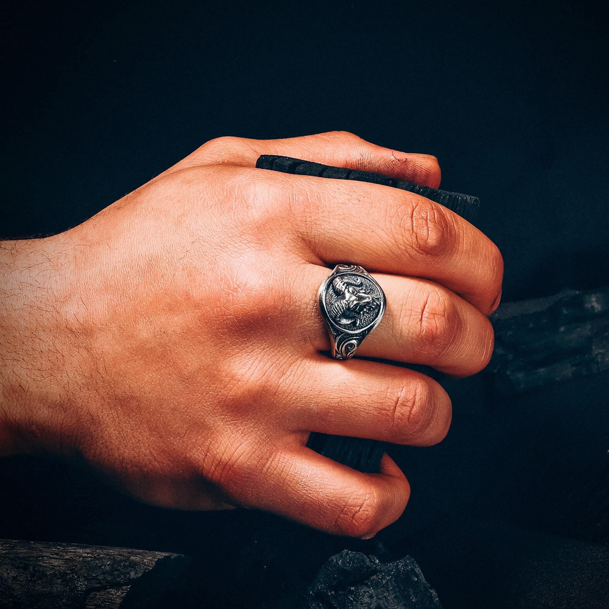 Sterling Silver Ram Ring: Aries Zodiac Jewelry for Men