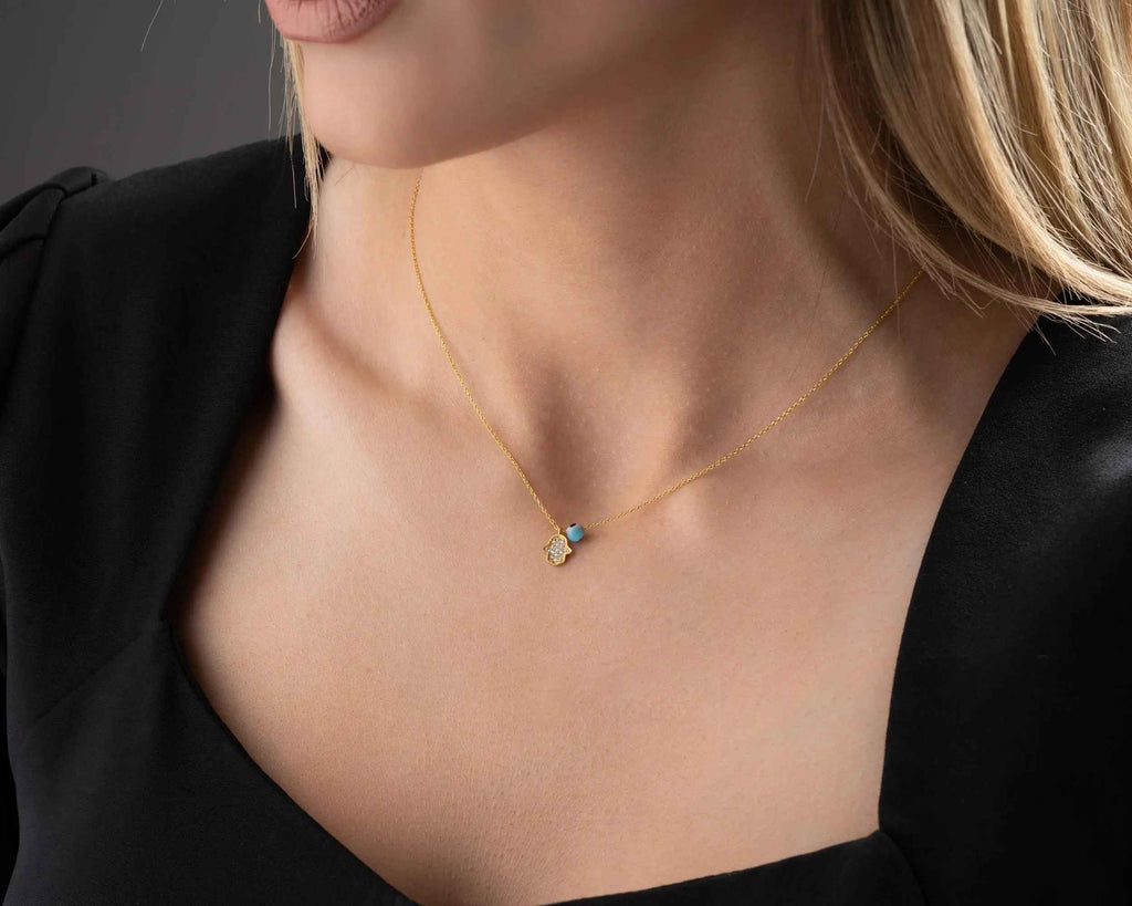 Gold Hamsa Necklace: Sterling Silver Fatima Hand Pendant