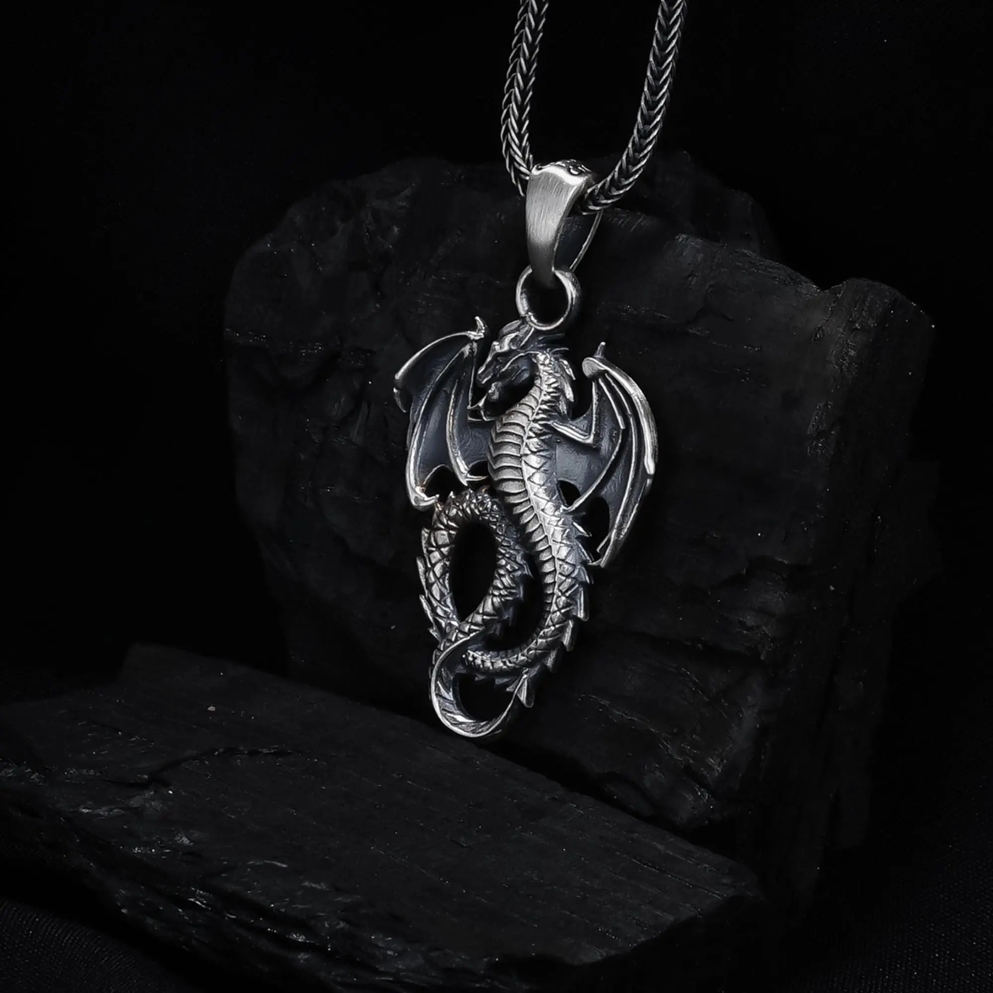 Sterling Silver Winged Dragon Necklace - Mens Pendant Jewelry   Charmora Jewelry
