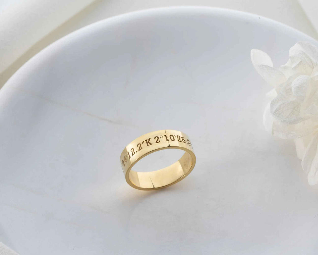 Solid Gold Coordinates Ring: Custom Engraved Anniversary Jewelry