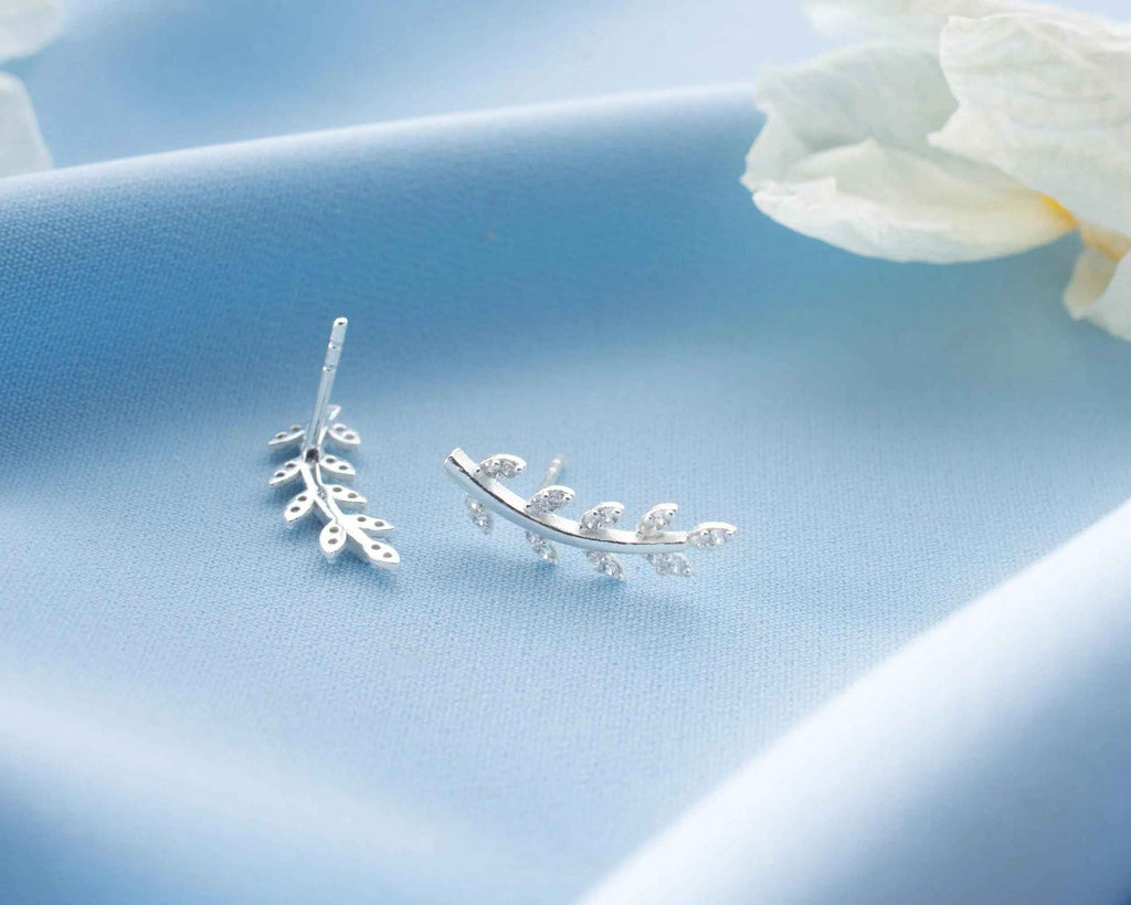 Sterling Silver Leaf Crawler Earrings: Olive Branch Design