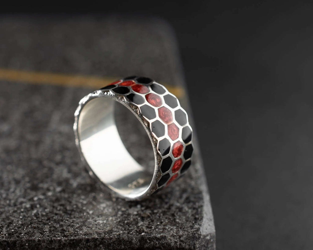 Honeycomb Sterling Silver Ring: Geometric Beehive Jewelry Men   Charmora Jewelry