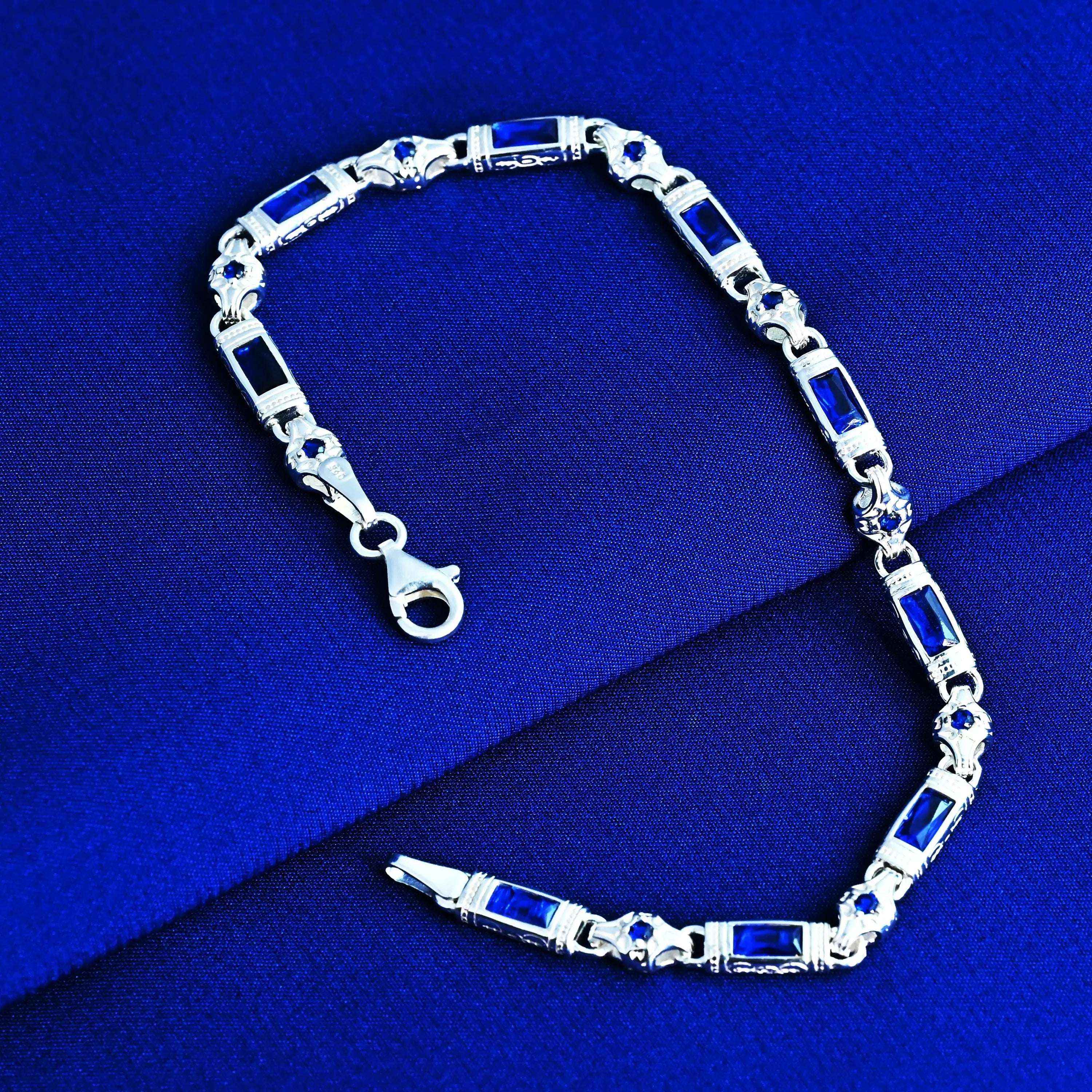 925 Sterling Silver Men's Bracelet: Onyx - Garnet - Navy Blue Zircon Vintage Link Design