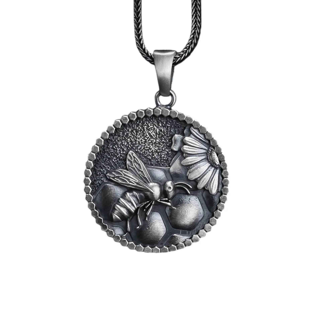 Handmade Sterling Silver Bee Necklace: Honeycomb Pendant Jewelry