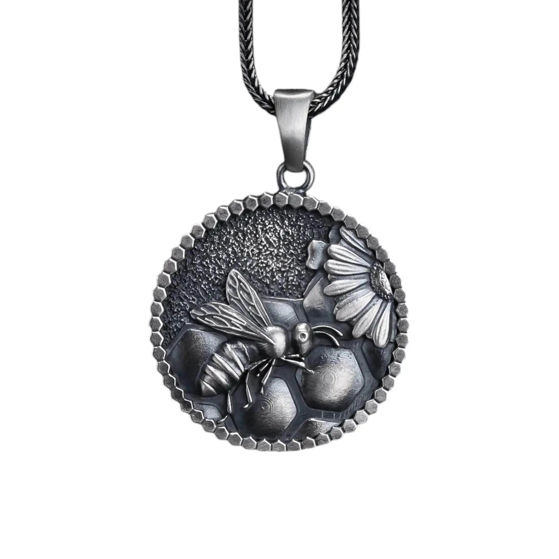 Collier abeille en argent sterling fait main : Bijoux pendentif nid d'abeille