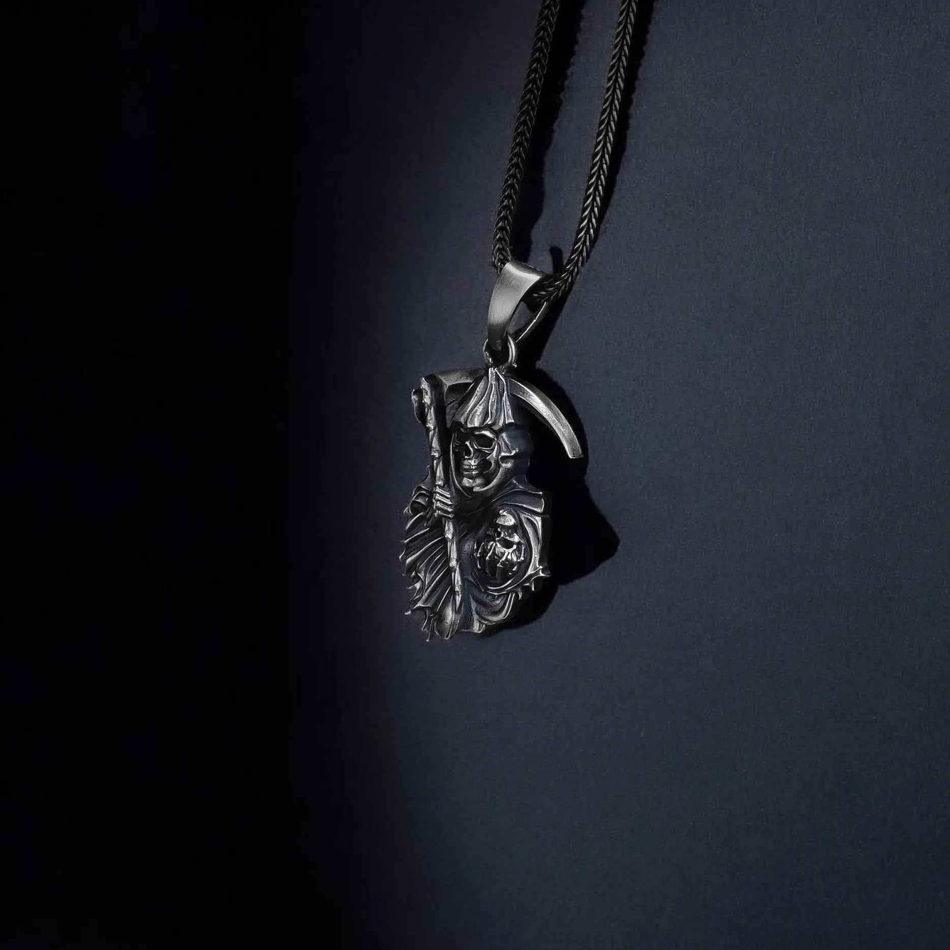 Handmade Sterling Silver Grim Reaper Pendant: Gothic Halloween Necklace
