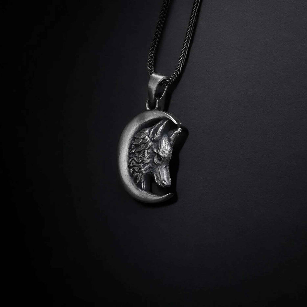 Sterling Silver Wolf Moon Pendant: Engraved Crescent Necklace