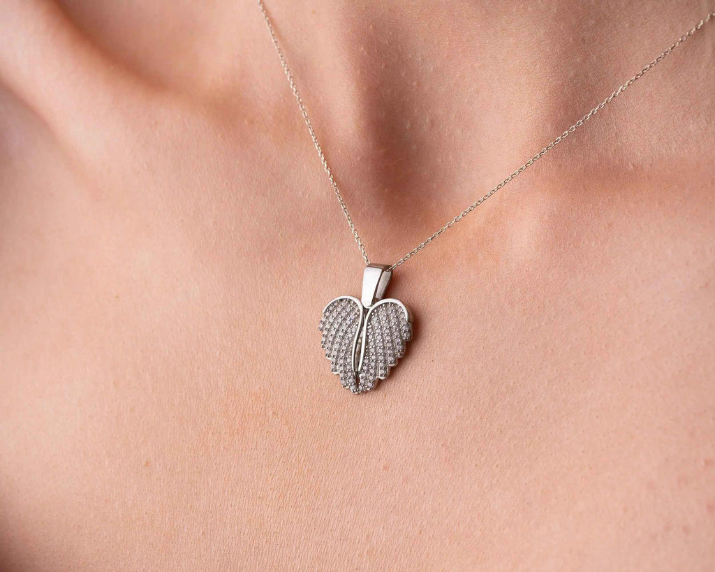 Engraved Angel Wing Heart Necklace: Sterling Silver Personalized Pendant