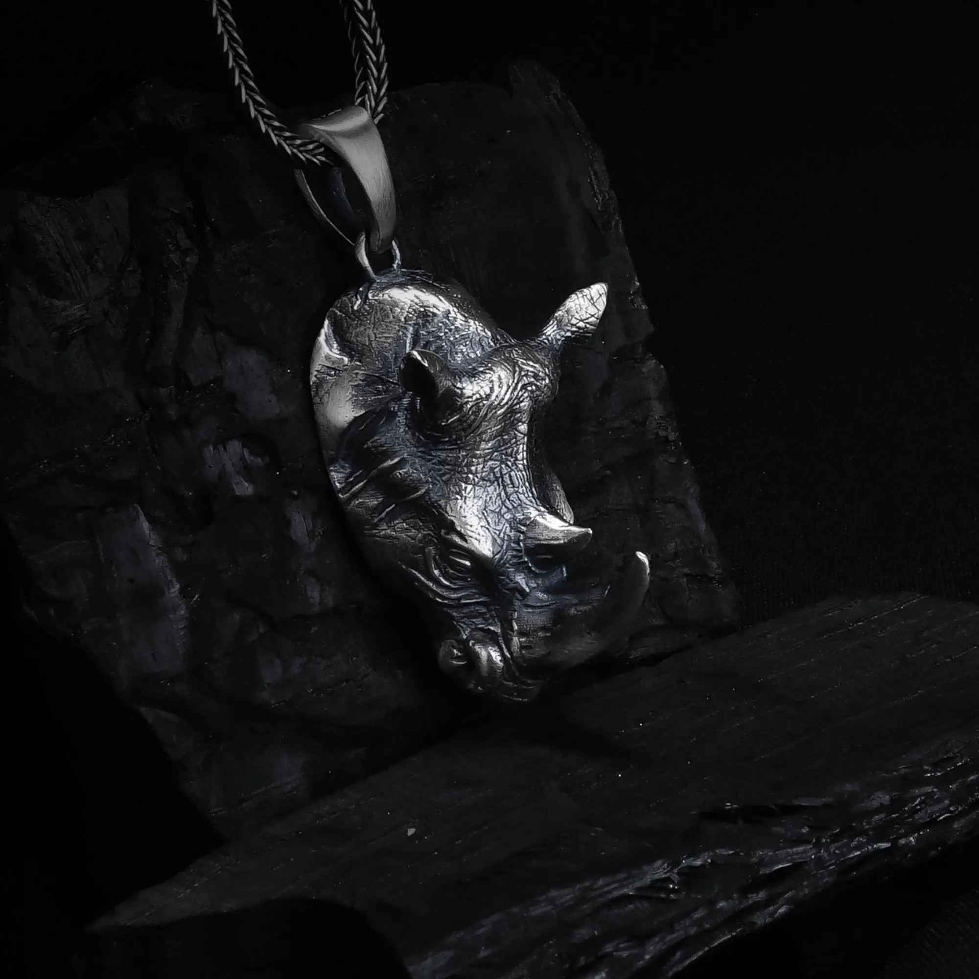 Oxidized Sterling Silver Rhino Pendant, Animal Necklace for Men