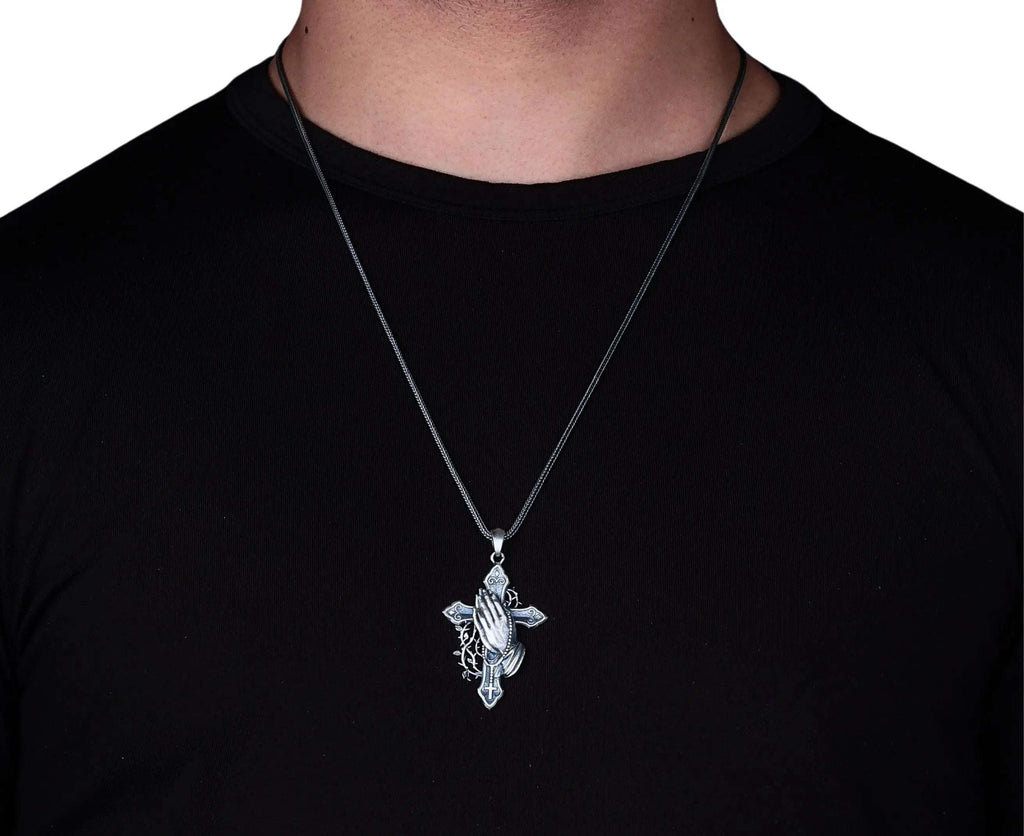 Sterling Silver Praying Hands Cross Necklace, Religious Pendant   Charmora Jewelry