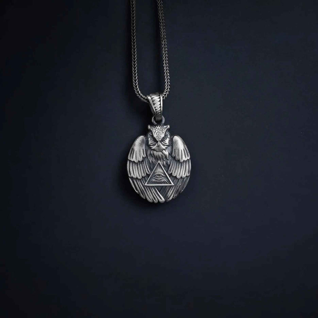 Sterling Silver Owl Pendant Necklace: All-Seeing Eye Illuminati Symbol