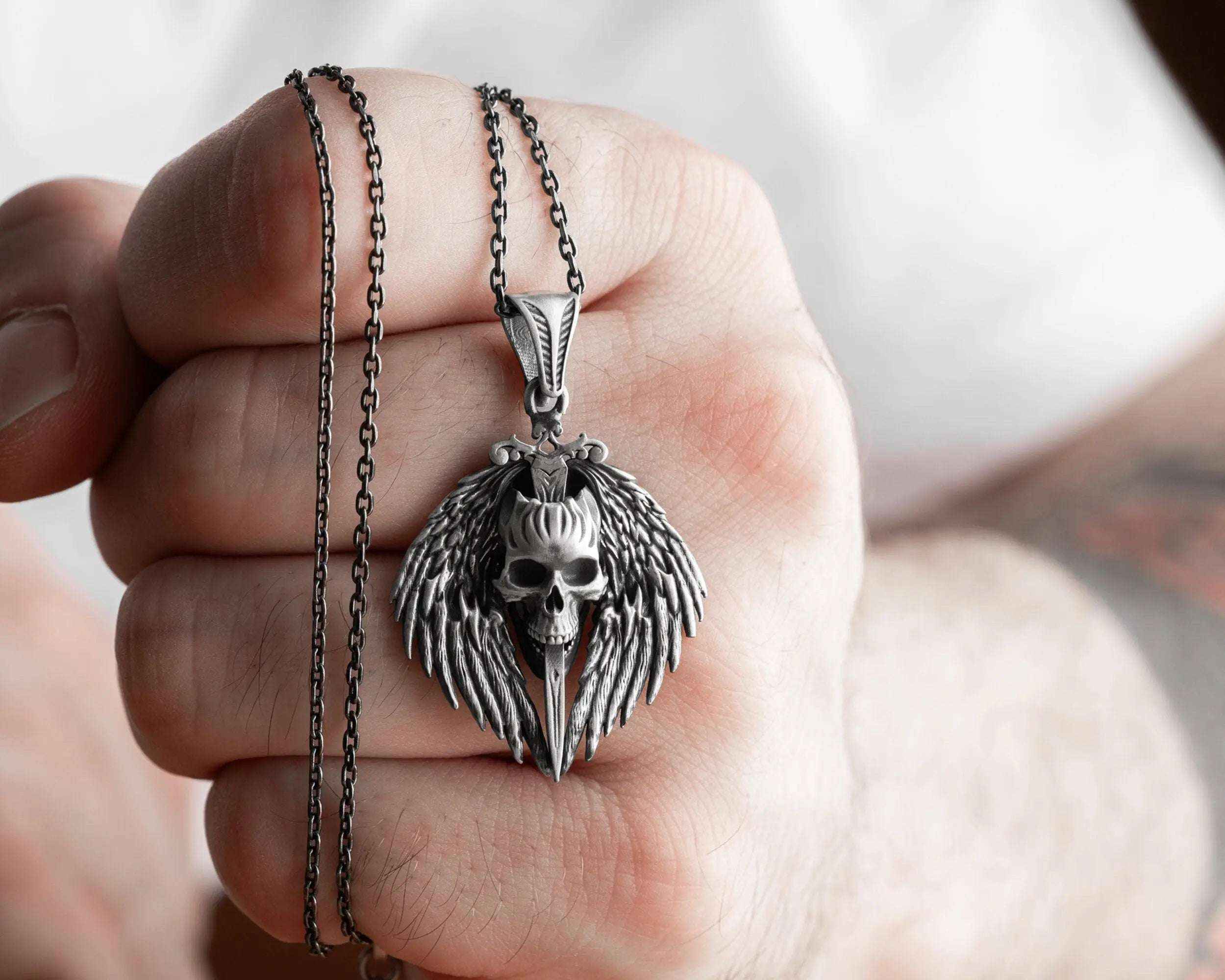Oxidized Sterling Silver Skull Sword Necklace: Vintage Skull Charm