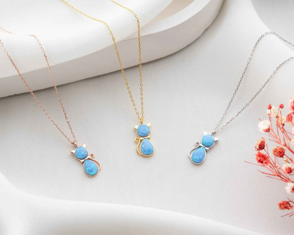 Sterling Silver Cat Necklace: Opal Stone, Rose Gold Finish