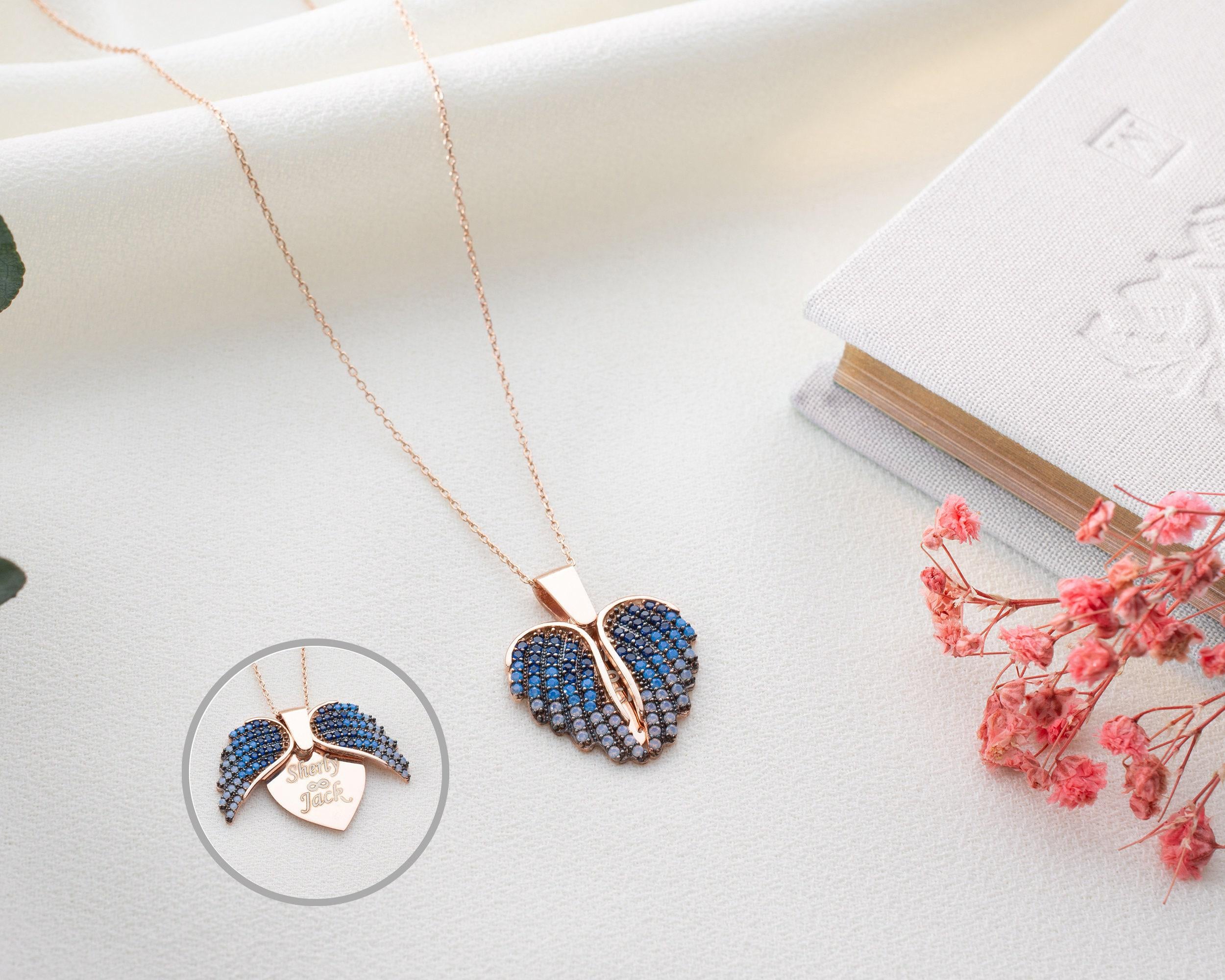 Engraved Angel Wing Heart Necklace: Sterling Silver Personalized Pendant