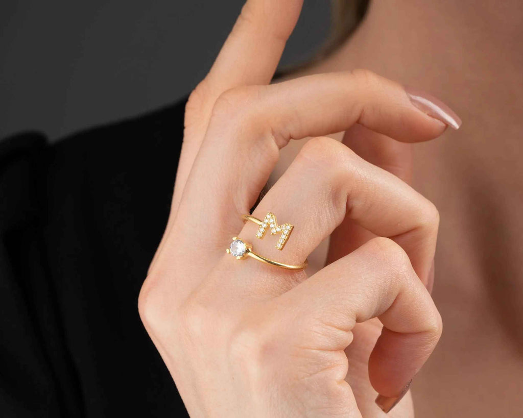 Sterling Silver Initial Ring with Stone: Personalized Letter Ring