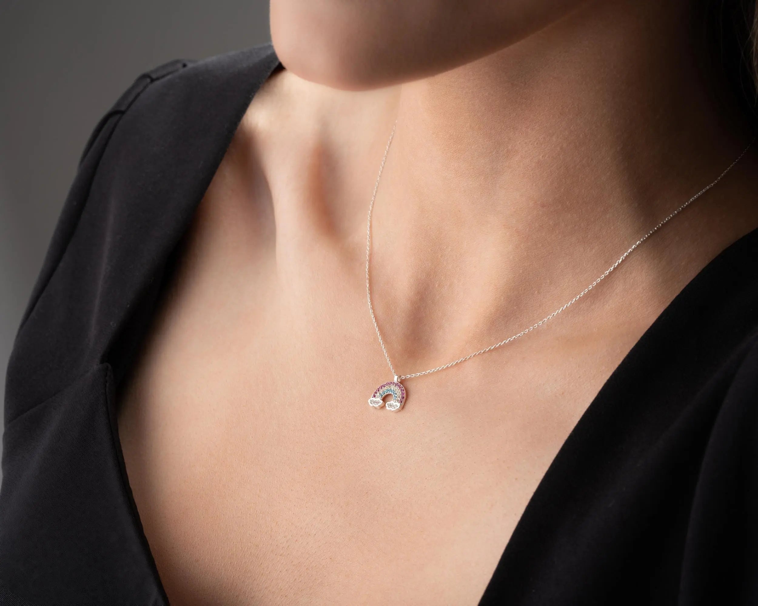Sterling Silver Rainbow Pendant Necklace, Gift for Her Charmora Jewelry