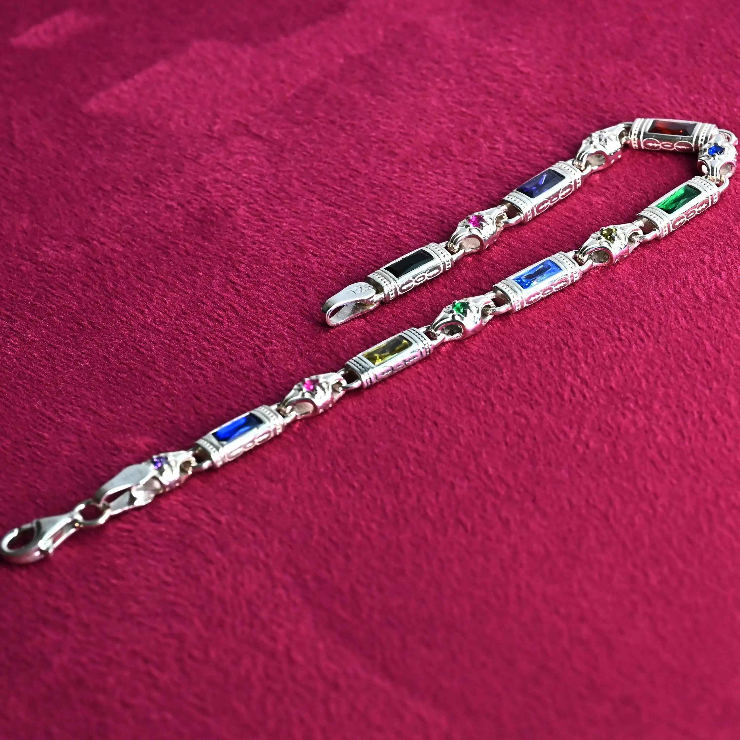 Multicolor Baguette Stone Sterling Silver Bracelet – Men’s Statement Jewelry, Gift for Him