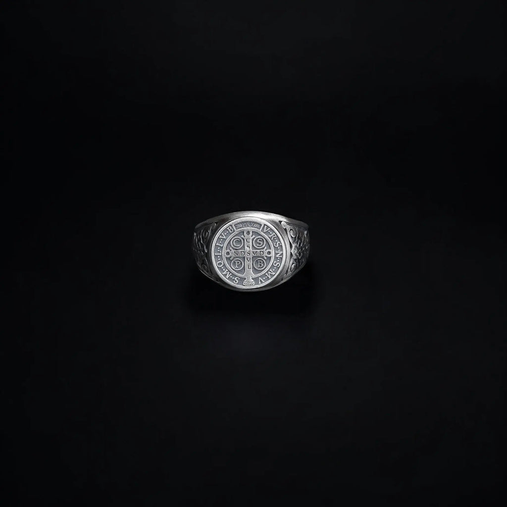 Sterling Silver St Benedict Medal Ring: Religious Signet Jewelry   Charmora Jewelry