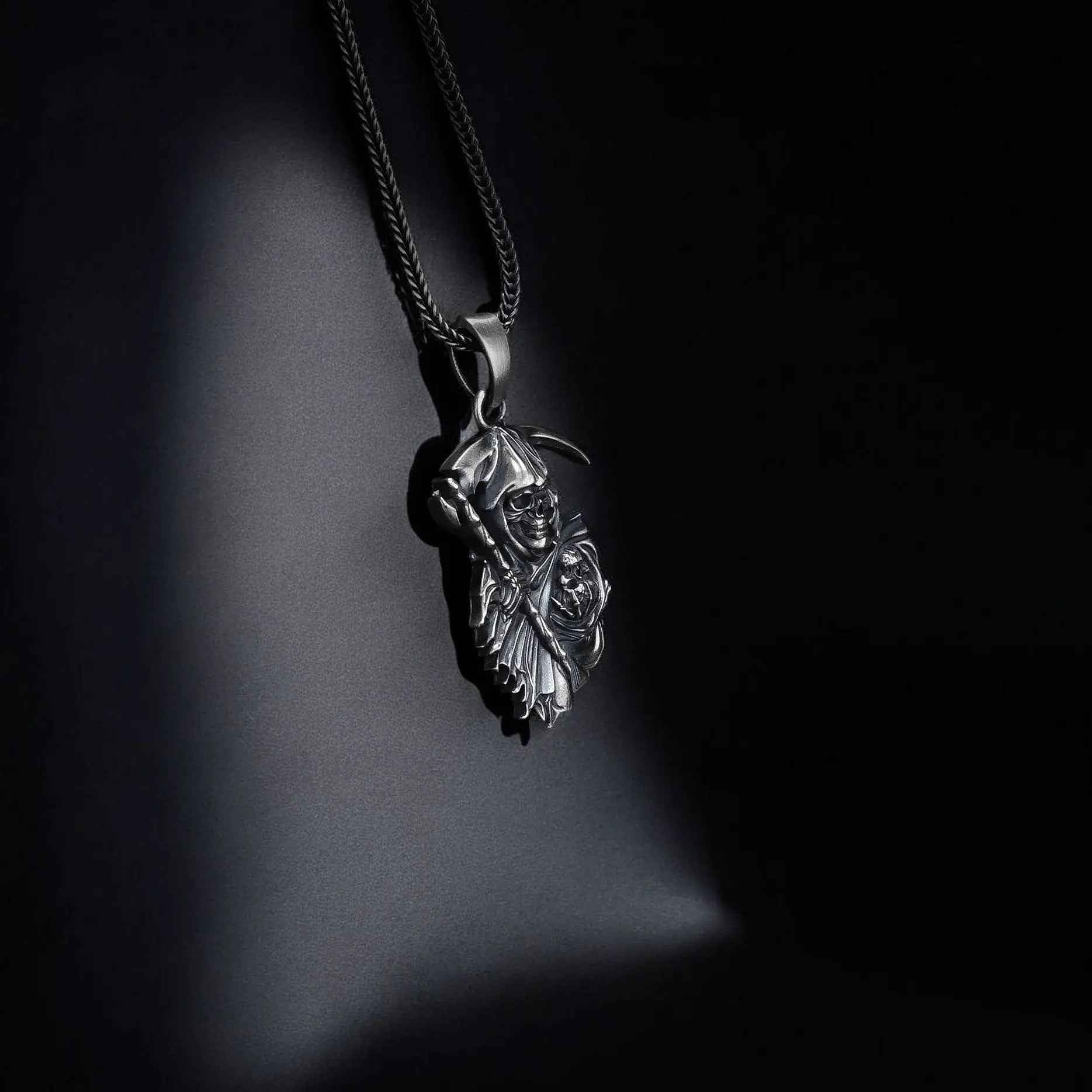 Handmade Sterling Silver Grim Reaper Pendant: Gothic Halloween Necklace