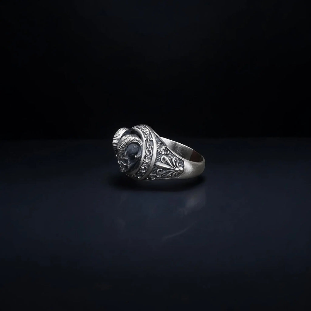 Oxidized Sterling Silver Demon Skull Ring, Gothic Biker Jewelry   Charmora Jewelry