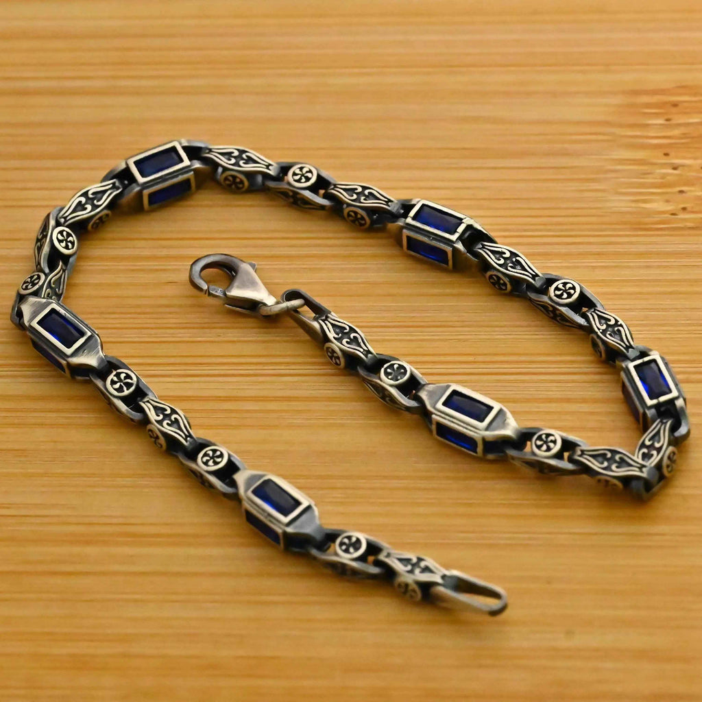 Sterling Silver Men's Bracelet: Blue Zircon Vintage Link Design